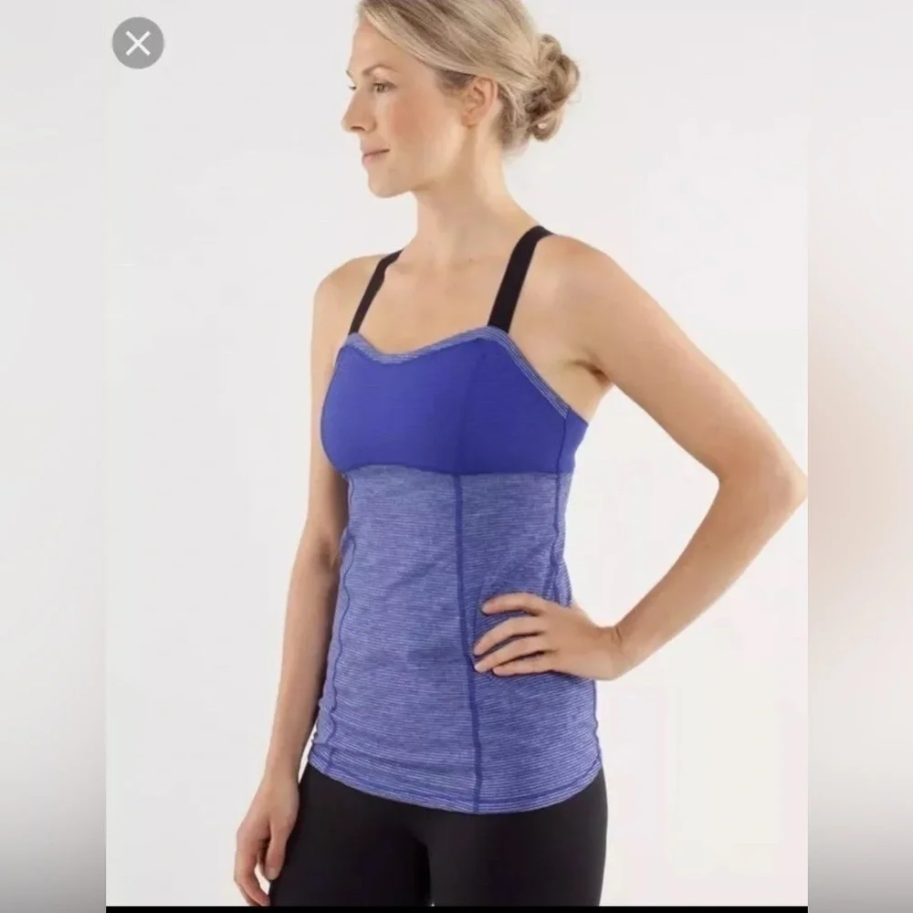 Lululemon Run Catch Me Tank Blue Purple Tonka Stripe Cross Back Shirt | Size 6